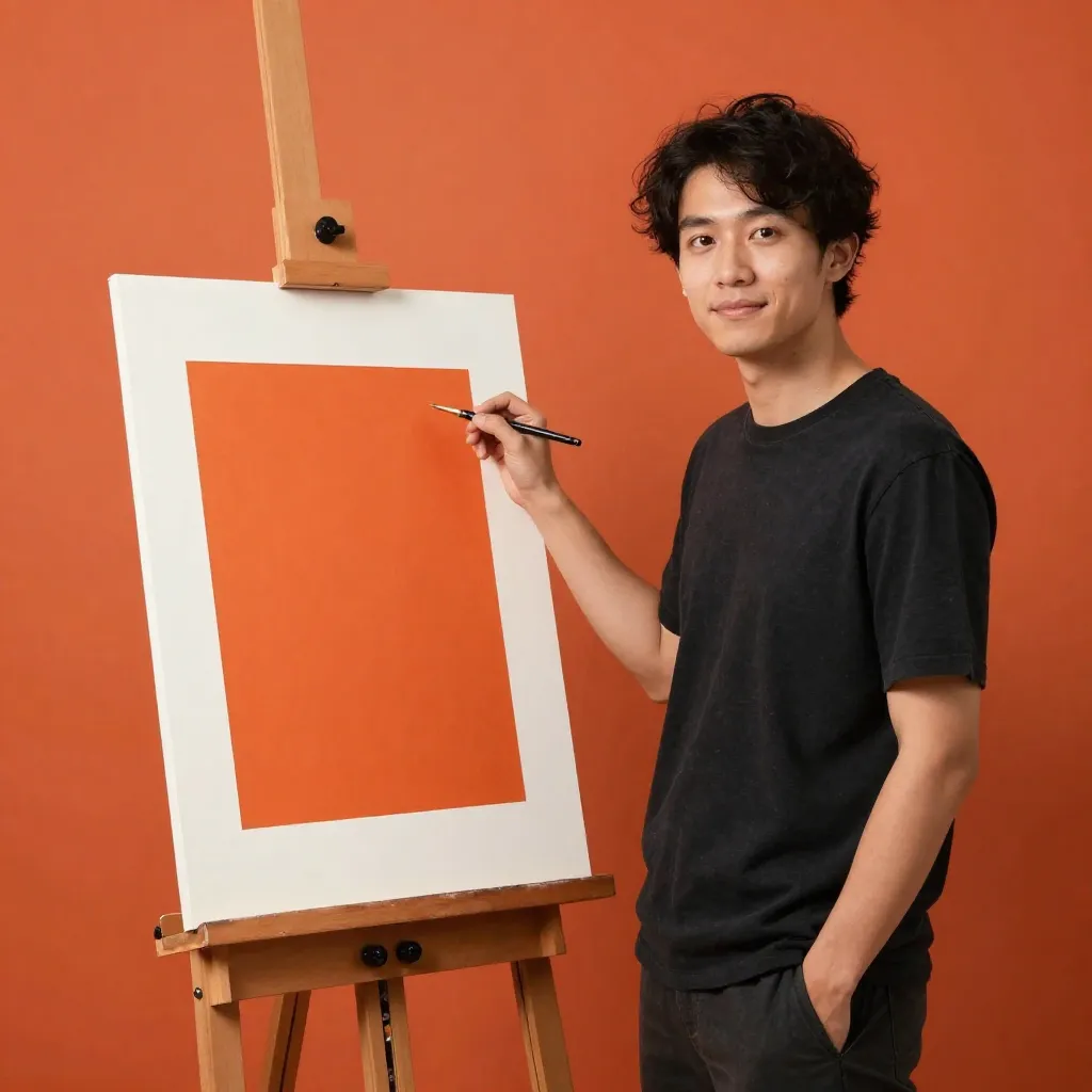 Artist showcasing completed artwork